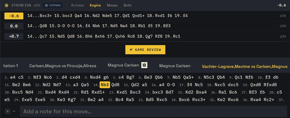 Stockfish at depth 30 in CipherChess showing its three best lines, above the notation of the game being studied