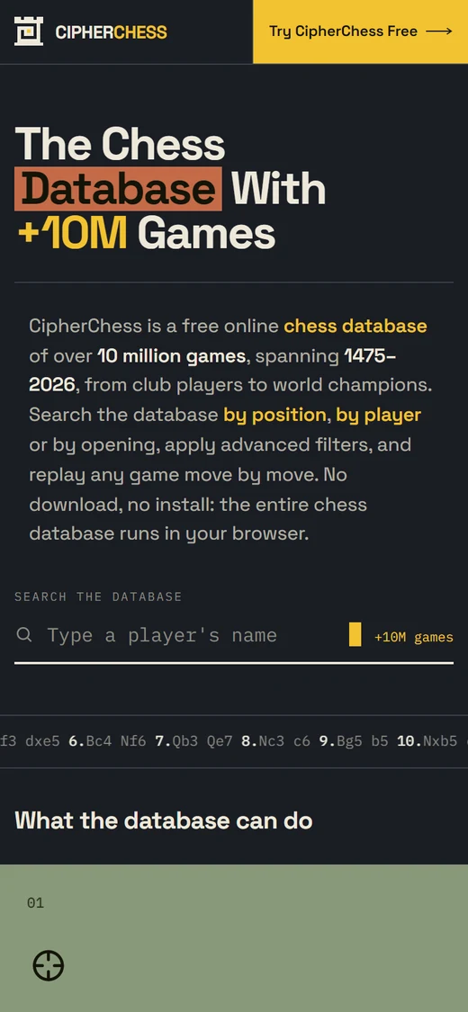 The CipherChess game database on a phone, searching more than ten million games