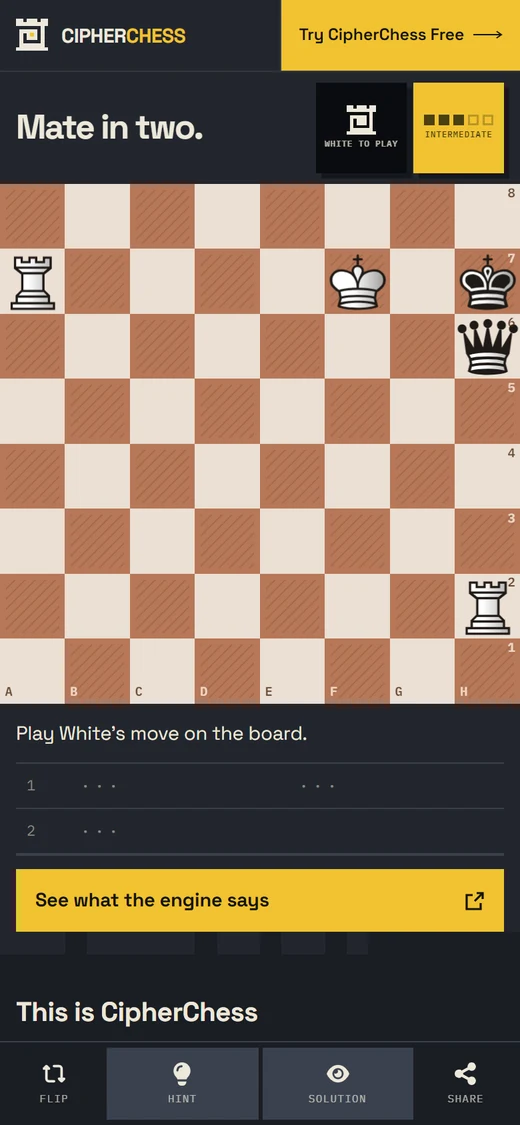 A CipherChess puzzle on a phone: mate in two