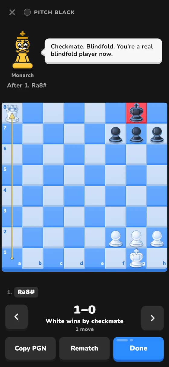 A Nightboard game won by checkmate, played entirely blindfold