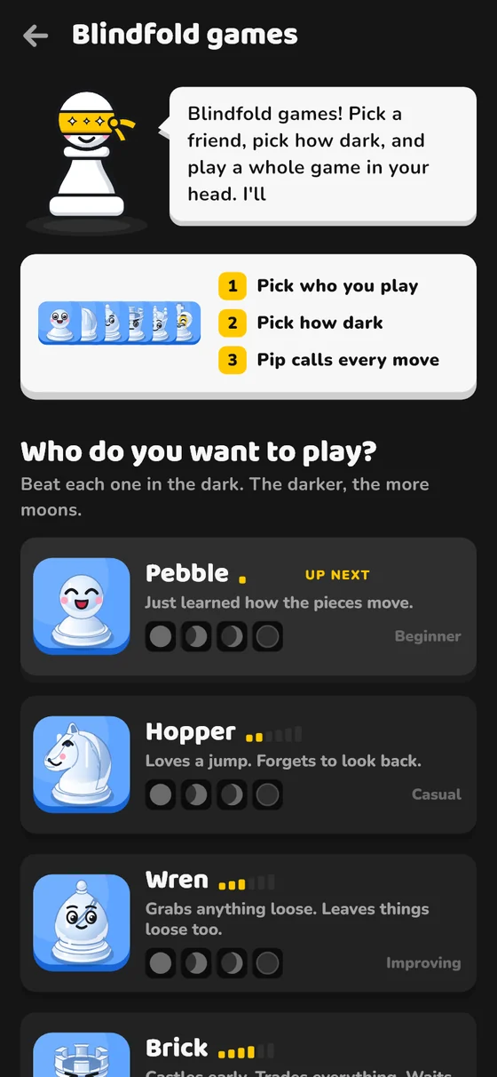 Choosing a blindfold opponent in Nightboard, from Pebble the beginner to tougher characters