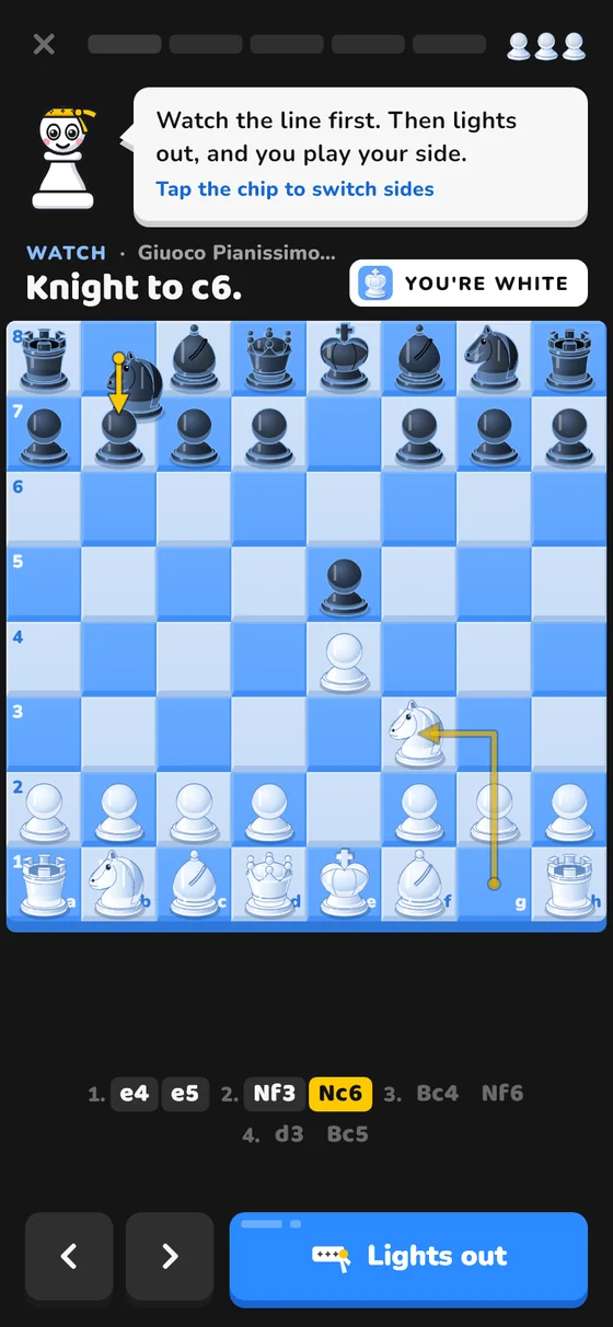 A Nightboard drill: arrows on the board show the line to memorise before the lights go out