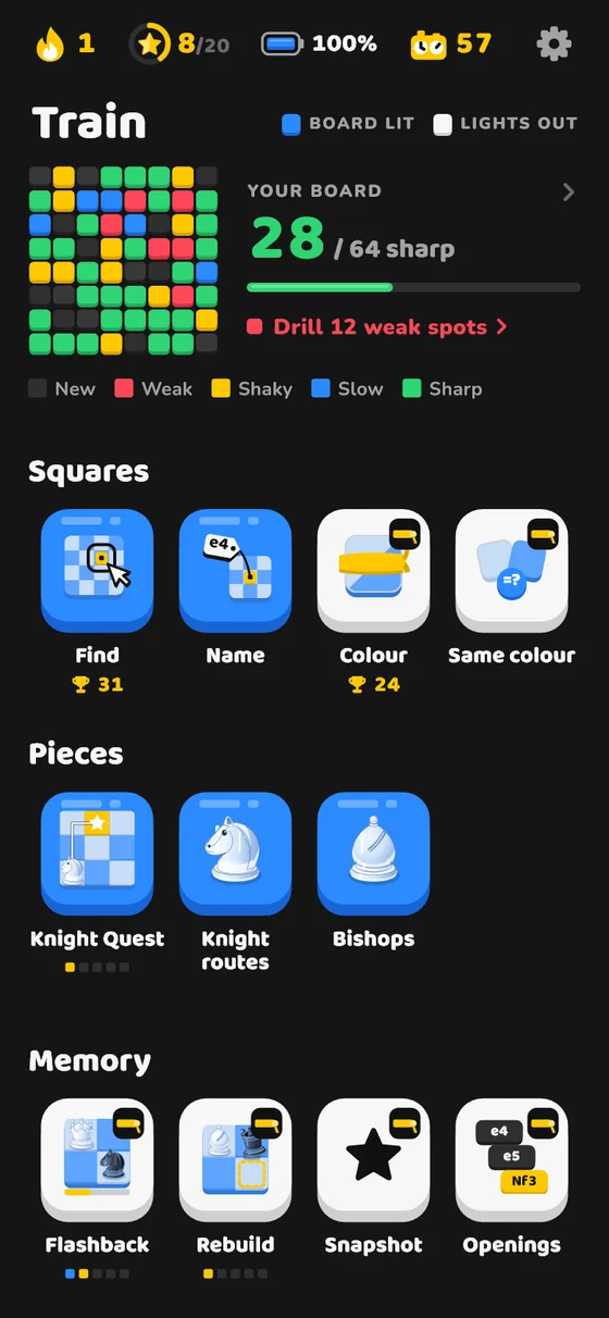 The Nightboard training hub with a heatmap of how sharply you know each square